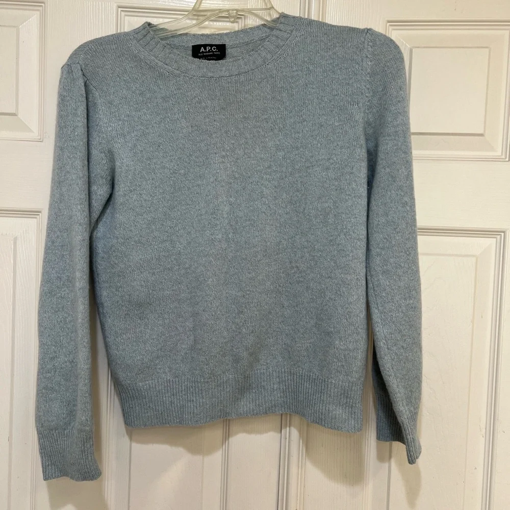 A.P.C Women’s Blue Wool Cotton Micro Puff Sleeve Crew‎ Neck Sweater Medium